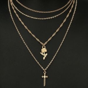 Gold Layered Necklace with Rose and Sword